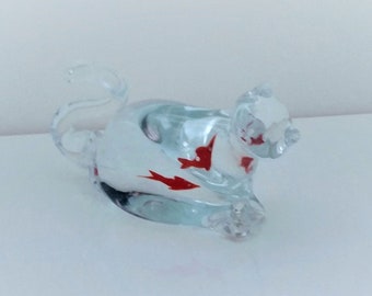 Vintage Handblown Clear Glass Cat with Fish Paperweight