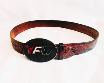 Vintage VFW-logo "Veteranen van buitenlandse oorlog" riemgesp/bruine leren herenriem