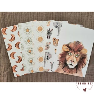 Lot de 5 cartes - croissant - soleils - cartes animaux - lions - marguerites - marguerite - faune - cartes postales - soleil