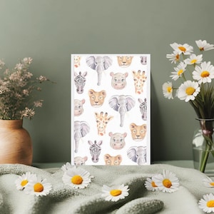 Biglietto A6, animali safari, acquerello, biglietti d'auguri, postcrossing, fauna selvatica, biglietto per bambini, biglietto d'auguri, cartolina, biglietto decorativo, zoo