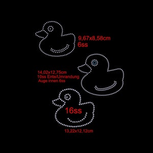 May include: Three white rhinestone-covered rubber ducky designs with different sizes. The smallest ducky is 9.67 x 8.58 cm and has 6ss rhinestones. The middle ducky is 14.02 x 12.75 cm and has 10ss rhinestones. The largest ducky is 13.22 x 12 cm and has 16ss rhinestones.