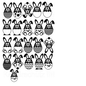 May include: Black and white illustration of 20 Easter bunnies in eggs with different patterns. The bunnies are all in different poses and have different expressions.