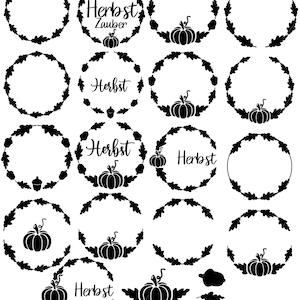 Puede incluir: Un conjunto de 15 archivos SVG de guirnaldas de otoño imprimibles en blanco y negro. Las guirnaldas presentan calabazas, bellotas y el texto "Herbstzauber" y "Herbst".