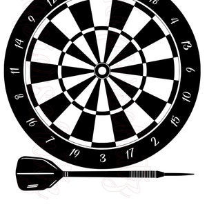Puede incluir: Un tablero de dardos blanco y negro con los números del 1 al 20, con un dardo negro en el centro del tablero.