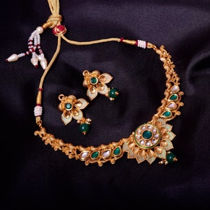 Gold Kundan Necklace | Indian Necklace Jewelry | Kundan Gold Jewelry | Green Choker Necklace | Beaded Necklace | Ethnic Wedding Jewelry |
