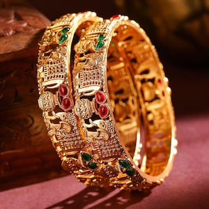Set Of 2 Gold-Plated Bangles | Stone Studded Bridal Bangles | Set of 2 Bangle | Wedding Gold Bangles | Women&#39;s Day Gift | Gift For Your Wife