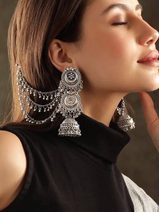 Bahubali Jhumka Earrings With Bahubali Ear Chain Online Chain Ear