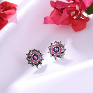 Oxidized Enamel Stud Earrings: Boho Silver Women&#39;s Jewelry