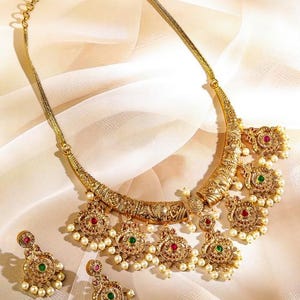 Gold Plated Bridal Necklace | 18k Gold Plated Necklace Set | Gold Necklace | Bridal Necklace For Wedding | Gold Plated Jewelry |Gift For Her