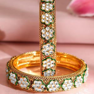 Gold-Plated Floral Kundan Studded Bangles | Bangle with Green Enameling | Bridal Bangle Set of 2 | Wedding Bangles - Size 2.4, 2.6, 2.8