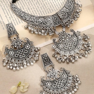 Oxidized Silver Plated Choker Necklace Set: Floral Crescent, Ethnic Jewelry