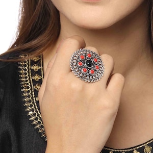 Oxidized Ring | Silver Oxidised Rings | Oxidised Enamal Ring | Oxidised Handmade Ring | Handmade Ring | Oxidised Adjustable Statement Rings