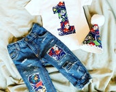 Distressed patched Paw Patrol BIRTHDAY outfit- FIRST birthday - made from paw patrol fabric - denim - jeans -appliqué - babies - kid-
