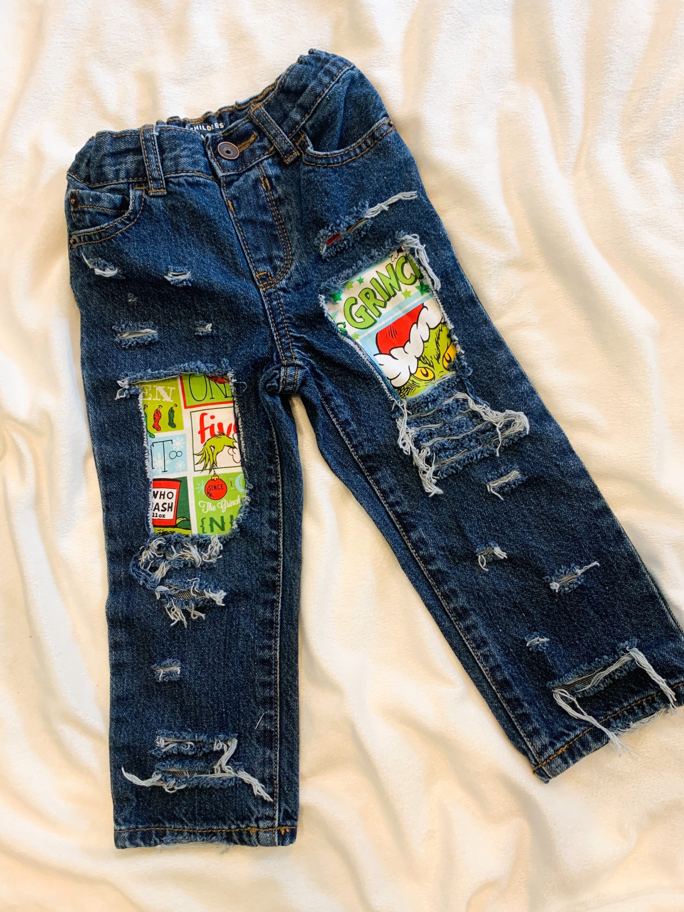 Distressed Denim Grinch jeans Grinch Christmas Dr Seuss | Etsy