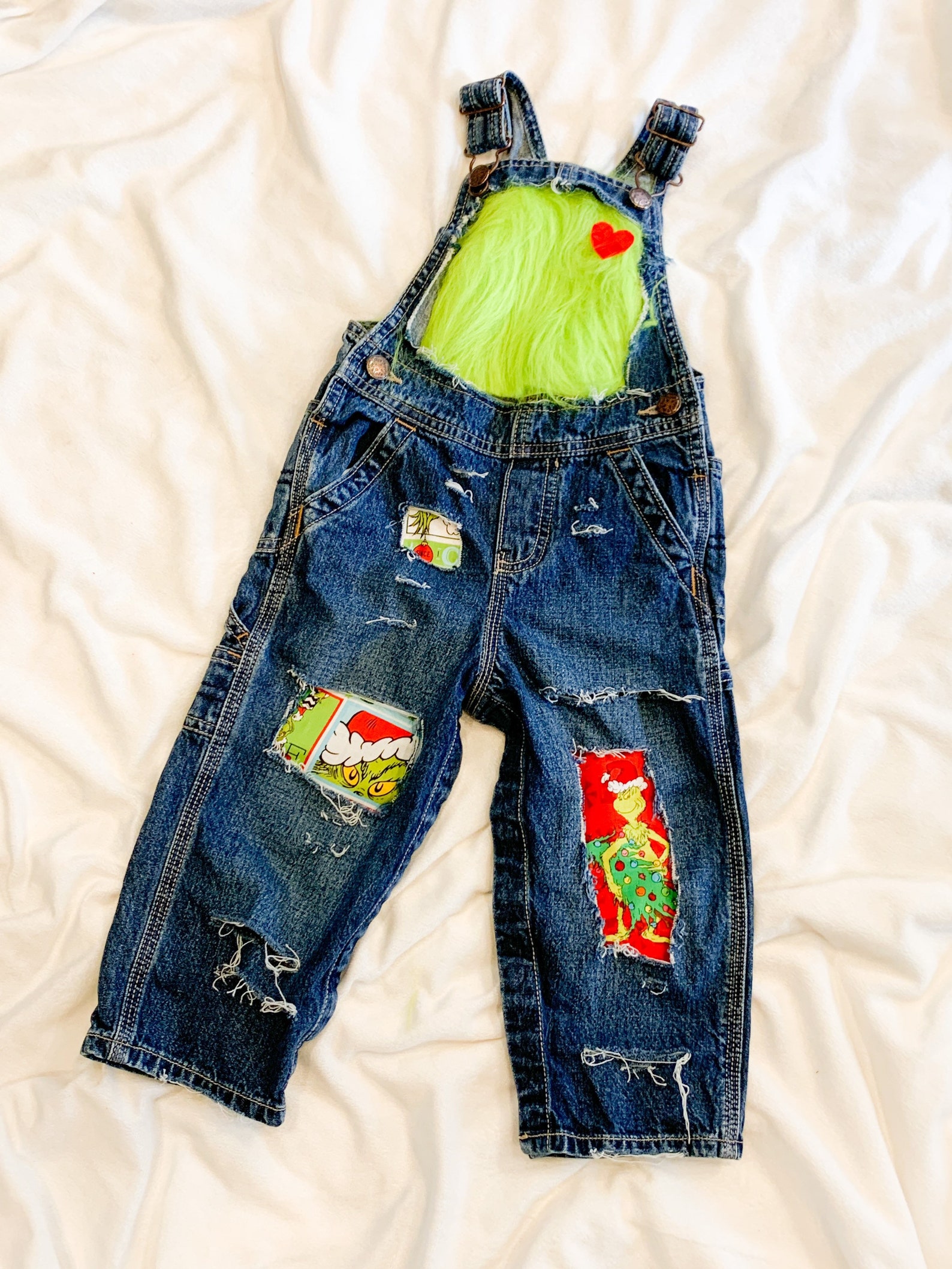 Distressed Denim Overalls Grinch Christmas Dr Seuss Etsy