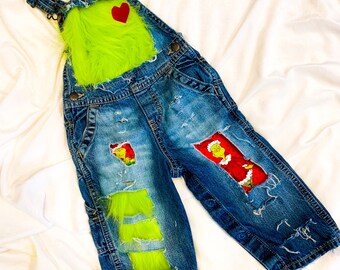 Distressed Denim Overalls Grinch 