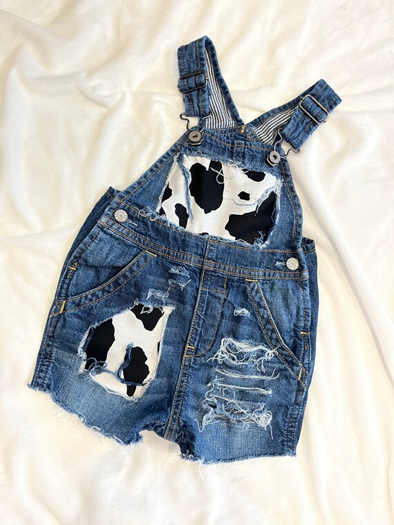 Distressed Denim Short Overalls Cows 