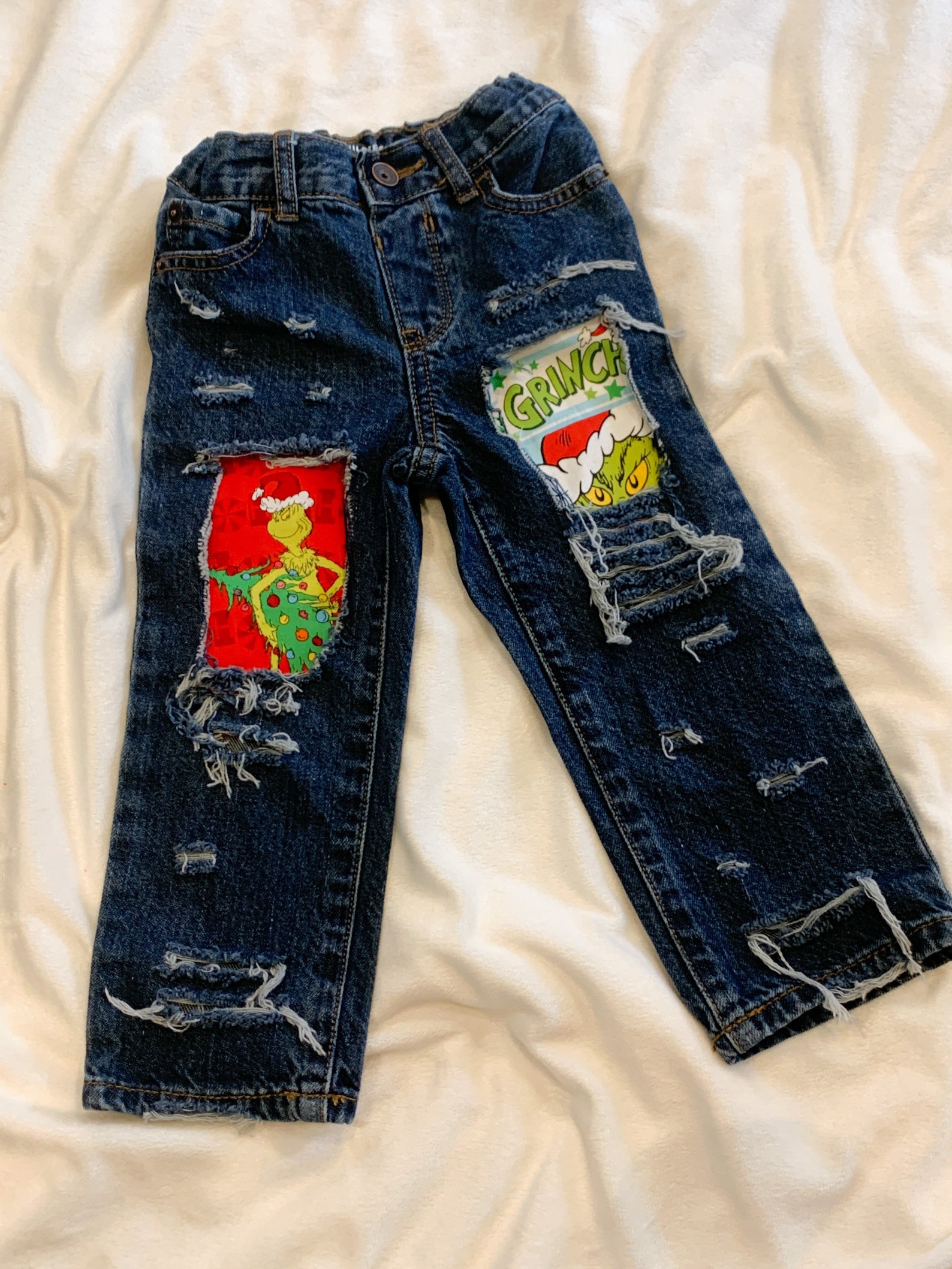Distressed Denim Grinch jeans Grinch Christmas Dr Seuss | Etsy