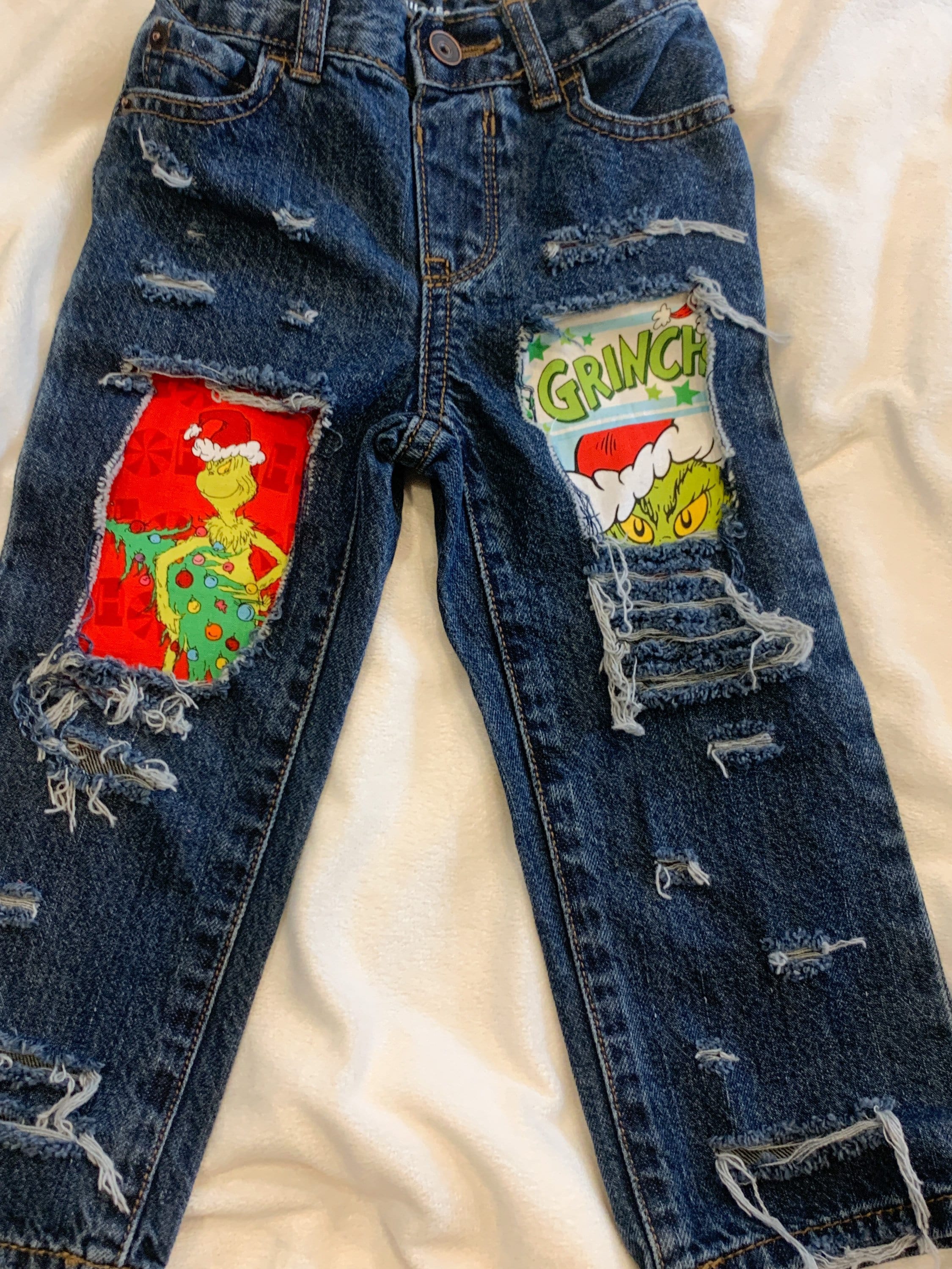 Distressed Denim Grinch jeans Grinch Christmas Dr Seuss Etsy
