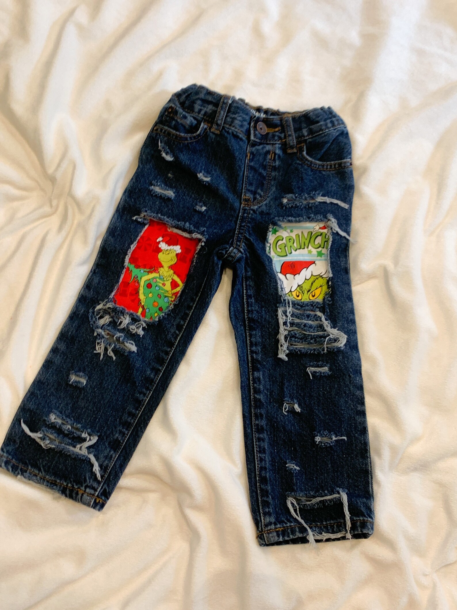 Distressed Denim Grinch jeans Grinch Christmas Dr Seuss | Etsy