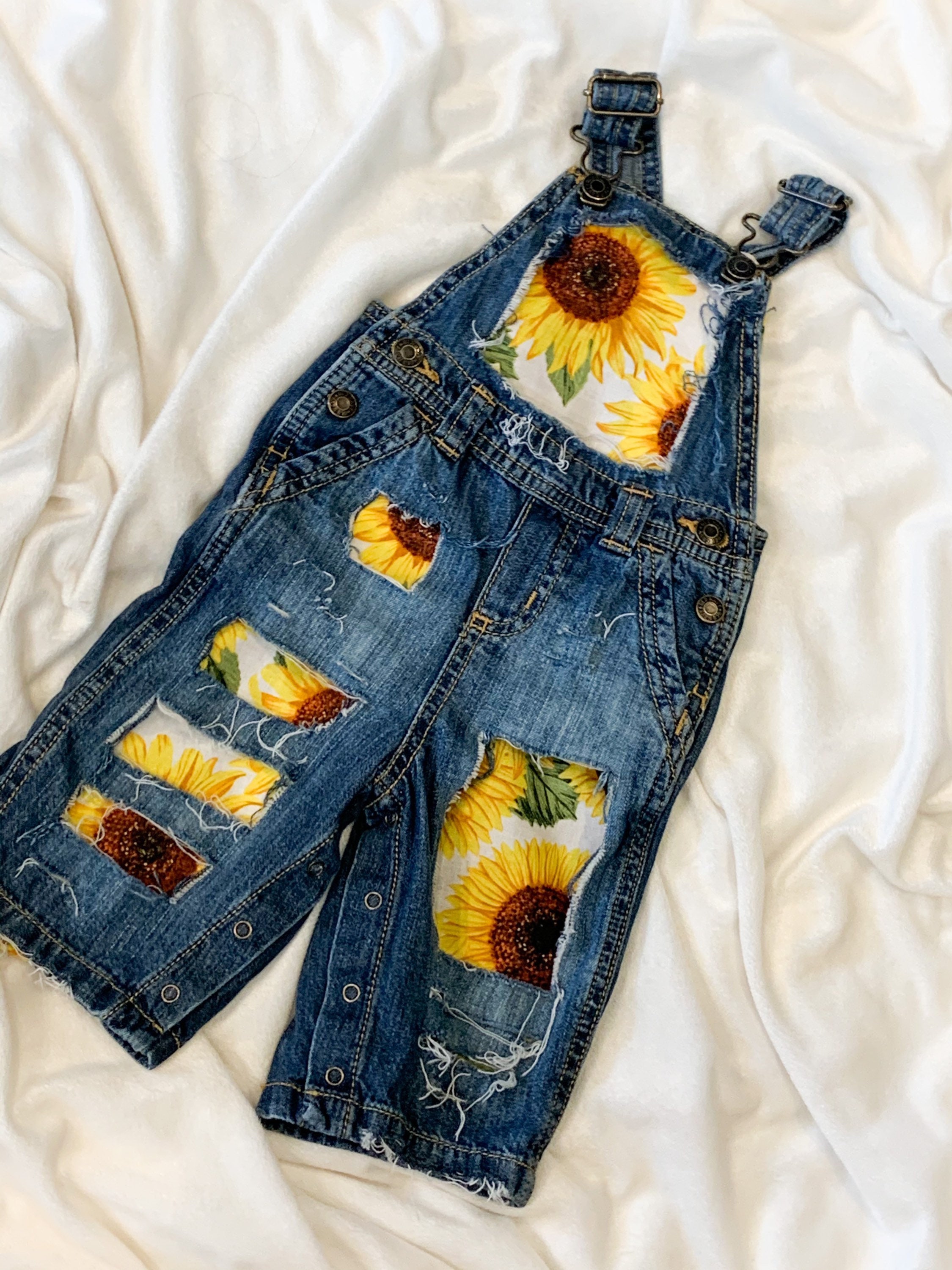 Distressed Denim Overalls Sunflowers 