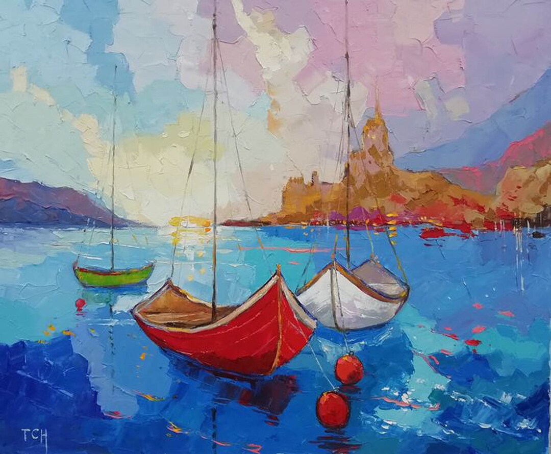 Boats Oil Painting Modern Palette Knife Seascape Sea Boat Etsy