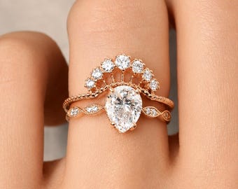 Vintage Style Rose Gold Pear Moissanite Bridal Set, Art Deco Engagement Ring, Crown Wedding Band