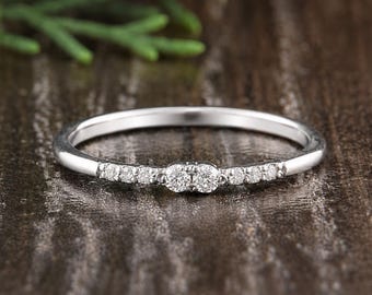 Delicate Diamond Engagement Ring, White Gold Thin Minimalist Promise Ring for Her