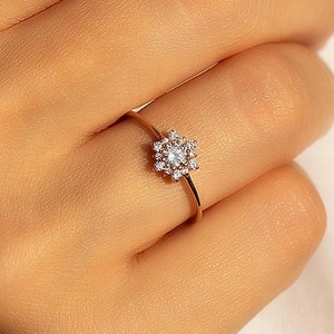 Dainty rose gold diamond floral engagement ring, Delicate & elegant diamond flower promise ring for her, Women minimalist diamond halo ring