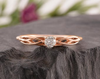 Dainty Infinity Rose Gold Diamant Verlobungsring, Runder Solitaire Versprechen Ring im keltischen Stil