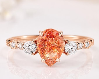 Dainty Rose Gold Pear Sunstone Engagement Ring, Art Deco August Birthstone Promise Ring