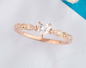 Dainty rose gold heart moissanite engagement ring, Heart moissanite promise ring for her, Heart wedding ring, Valentines day gift for her
