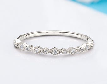 Dainty Minimalist Art Deco White Gold Diamond Wedding Band, Half Eternity Stacking Ring