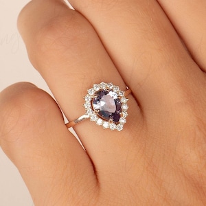 Vintage alexandrite & diamond engagement ring, Unique 14k rose gold art deco alexandrite wedding ring, Anniversary promise ring gift for her