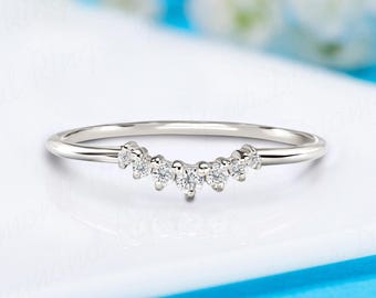 Dainty 14k white gold diamond curved wedding band, Unique minimalist diamond wedding ring, Diamond promise ring for her, Women diamond ring