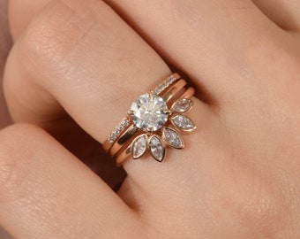 14k rose gold 1.0ct round moissanite engagement rings set, Unique dainty moissanite wedding rings set , Art deco elegant 3 rings bridal set