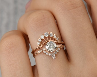 Unique 14k rose gold vintage style victorian womens moissanite wedding rings set, Art deco 0.5ct round cut moissanite engagement rings set