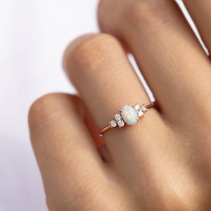 Opal ring, Unique oval opal engagement ring, Dainty 14k rose gold opal cluster promise ring, Natural opal ring gift her, Opal wedding ring