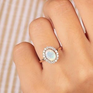 Opal ring, Art deco style opal & diamond halo engagement ring, Opal ring for women, Opal promise ring for her, Rose gold opal wedding ring