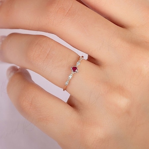 Ruby & diamond minimalist promise ring for her, Dainty art deco ruby diamond engagement ring, Ruby diamond anniversary wedding ring gift her