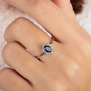 Art deco style halo blue sapphire & diamond engagement ring white gold, Oval sapphire diamond promise ring, Sapphire wedding bridal ring image 1