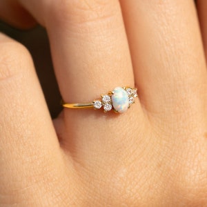 Dainty minimalist opal & diamond engagement ring, Unique white natural opal promise ring for her, Women 14k gold opal ring, Anniversary ring