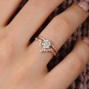 Unique 14k rose gold antique style victorian 1ct round cut moissanite wedding rings set, Dainty art deco moissanite engagement rings set