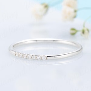 Minimalist dainty 14k white gold pave diamond promise ring for her, Small tiny diamond wedding band, Simple plain diamond stacking ring gold