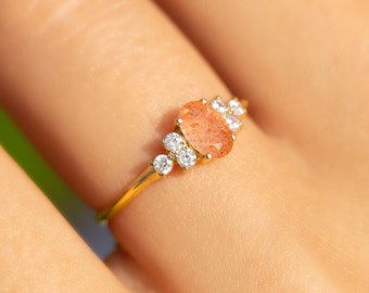 Unique natural oval sunstone promise ring for her, Dainty minimalist 14k gold sunstone & diamond engagement ring, Women sunstone ring gold