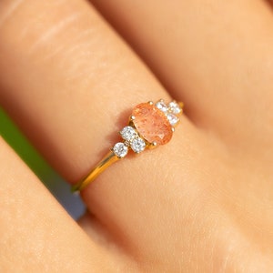 Unique natural oval sunstone promise ring for her, Dainty minimalist 14k gold sunstone & diamond engagement ring, Women sunstone ring gold