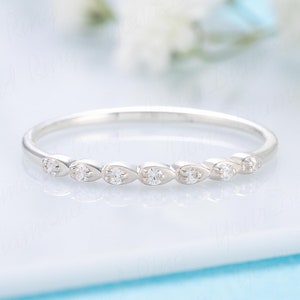 Tiny minimalist 14k white gold diamond wedding band, Small dainty women diamond wedding band, Unique diamond stacking ring gold gift for her