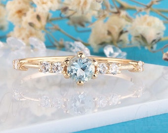 14k Gold Aquamarin & Diamant Verlobungsring, zierlicher schlichter Damen Verlobungsring, Aquamarin Versprechen Ring für sie, Aquamarin Ehering