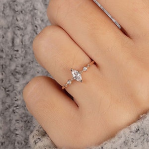 Dainty 14k rose gold antique style art deco marquise moissanite promise ring for her, Small delicate moissanite womens engagement ring