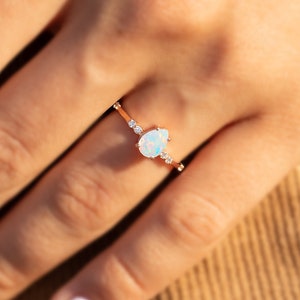 Dainty 14k rose gold pear opal & diamond engagement ring, Opal ring, Unique minimalist opal promise ring for her, Anniversary gift for her